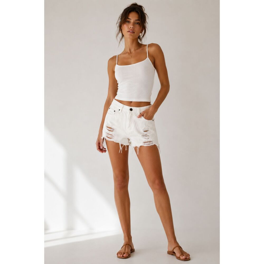 rag & bone White Distressed Denim Jean Shorts